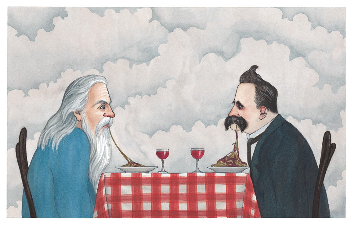 Gott und Nietzsche beim Spaghetti-ohne-Hände-Duell