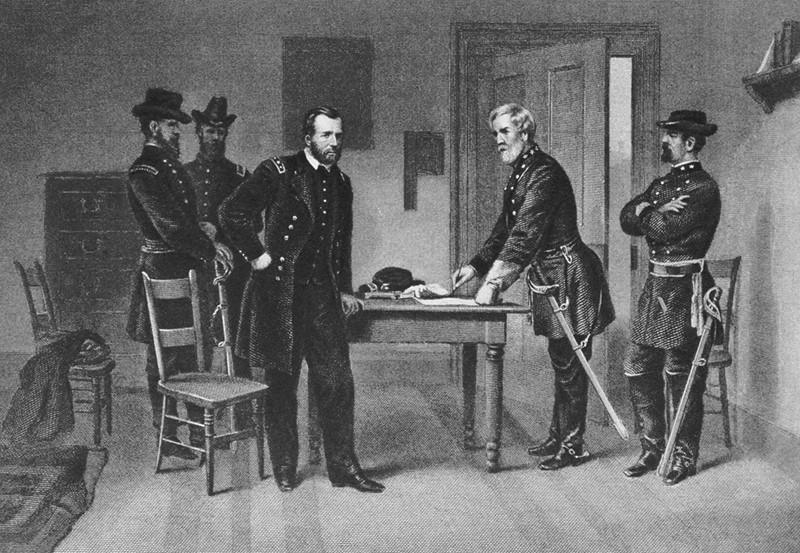 9. April 1865: Der Konföderierten-General Robert Lee (rechts am Tisch) kapituliert vor Ulysses Grant, der dem Sezessionskrieg damit ein Ende setzt. Überlieferungen zufolge rauchen sie dabei. (Foto: Everett Historical – Shutterstock.com)