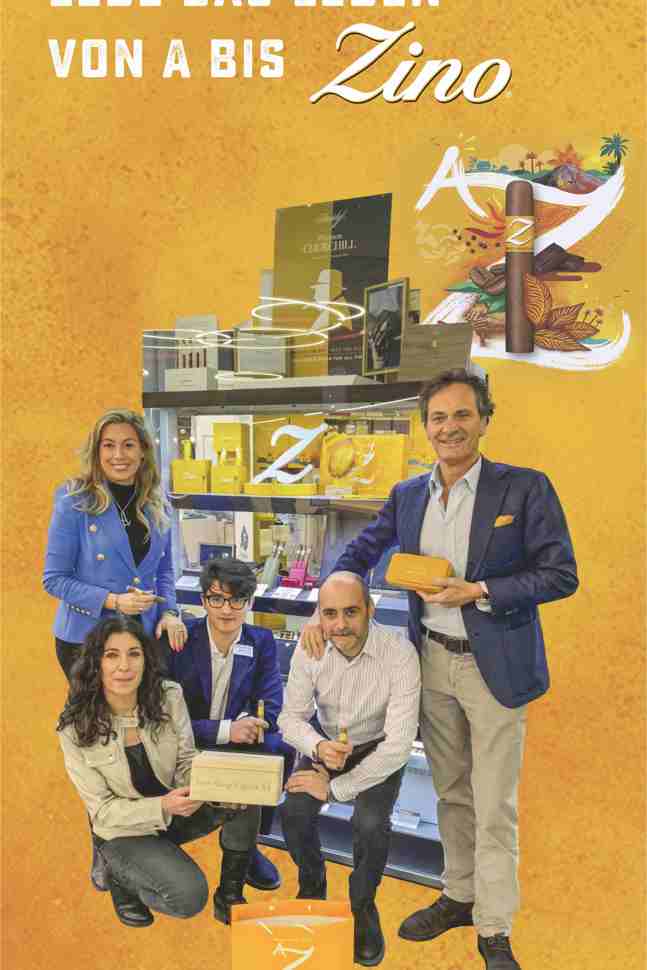 Sofia Belfasto und Alain Proietto (stehend), Rosanna Tamborini von Oettinger Davidoff (unten links) sowie das Team vom Free Shop Cigars in Mendrisio